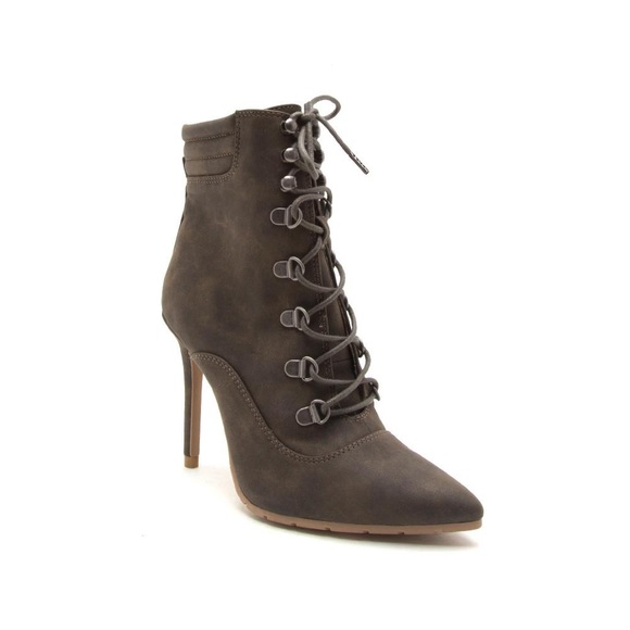 Qupid Nubuck PU Khaki Lace Up Heel Booties - Picture 3 of 8